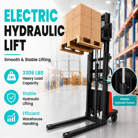 Heavy Duty Semi Electric Pallet Stacker Boasting 3,306 Lbs Capacity And Nearly Eight Feet Lift Height For Smooth Forklift Work In Your Warehouse with raised pallet in warehouse.
