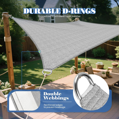 12x14 HDPE Sun Shade Sail Rectangle For Outdoor Patio And Pergola UV Resistant Blocks 95 Percent Of Sun Rays in Gray, installed on pergola, showing durable D-rings