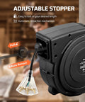 Retractable Extension Cord Reel With 40 Ft Heavy Duty 12 AWG SJTOW Cord showing adjustable stopper mechanism for length control