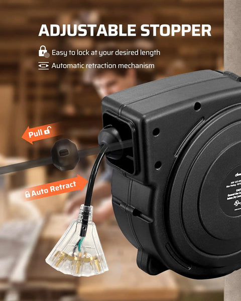 Retractable Extension Cord Reel With 40 Ft Heavy Duty 12 AWG SJTOW Cord showing adjustable stopper mechanism for length control
