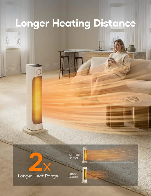 25 Inch Infrared Space Heater 1500W With Remote For Fast Warm Up, warming a room with a seated person using remote, 80 degree oscillation