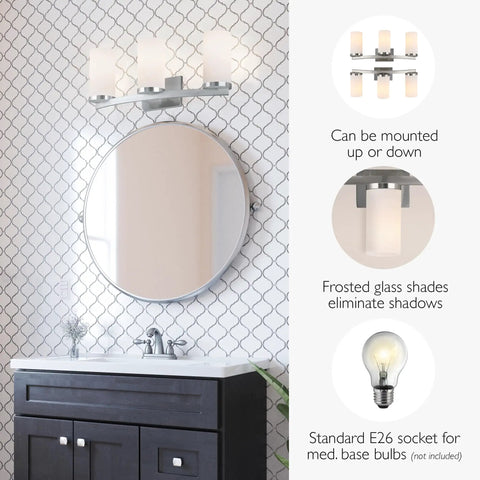 Three Light Slick Satin Nickel Bathroom Light Fixture With Frosted Glass Shades Dimmable Vanity Lighting for Bathrooms
