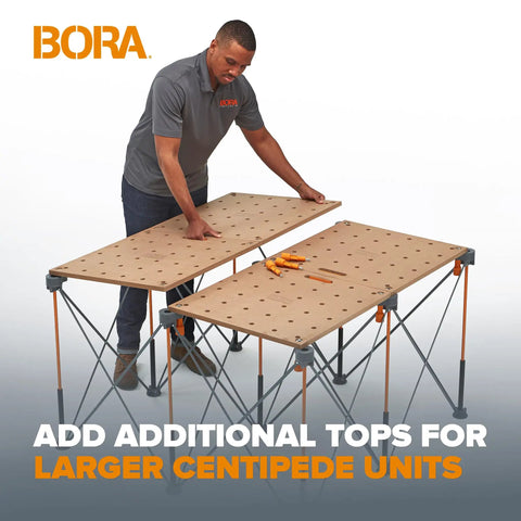 Person assembling Centipede Work Stand Table Top for Portable Workbench 24 by 48 inches with wood top and 20mm dog holes.