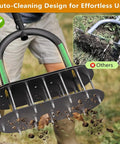 No-Fuss Manual Lawn Aerator Tool With Padded T-Handle and 15 Three-Inch Solid Steel Spikes in use on grass