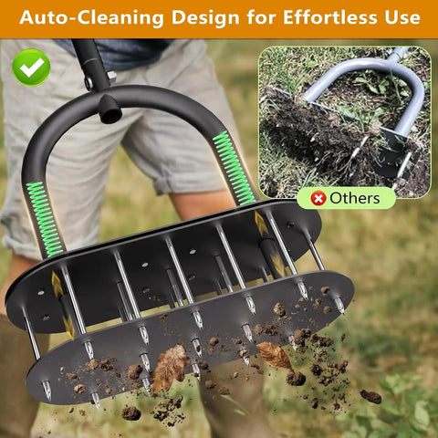 No-Fuss Manual Lawn Aerator Tool With Padded T-Handle and 15 Three-Inch Solid Steel Spikes in use on grass