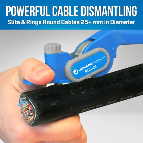 Pro-Grade Ratcheting Cable Slitter for Heavy-Duty Cables Built Tough With Fixed Jaws in use on thick cable
