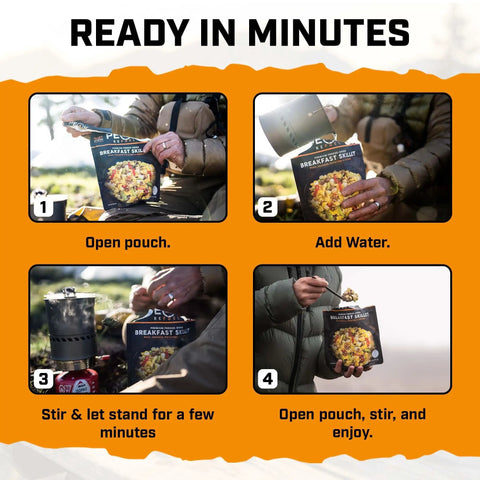 Breakfast Skillet Freeze Dried Camping And Backpacking Meal with Eggs Sausage Potatoes and Peppers preparation steps shown.