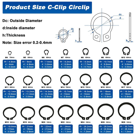 Size chart for External Retaining Ring Kit Set All In One 1095 Piece Circlip Snap Ring Assortment in Black Alloy Steel M4 to M28