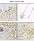 Rattan Pendant Light With Hemp Rope Cord, Boho Wicker Basket Shade, Cream Finish, Plug In Ceiling Fixture For Kitchen Island Or Dining Room, Rustic Farmhouse Style, Easy Plug In Hanging Lamp With Long 15 Ft Cord, showing details of cream rattan shade, hemp cord, plug and bulb.