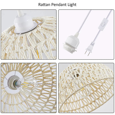 Rattan Pendant Light With Hemp Rope Cord, Boho Wicker Basket Shade, Cream Finish, Plug In Ceiling Fixture For Kitchen Island Or Dining Room, Rustic Farmhouse Style, Easy Plug In Hanging Lamp With Long 15 Ft Cord, showing details of cream rattan shade, hemp cord, plug and bulb.
