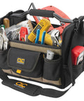 Open Top Soft Sided Tool Box 14 Inch With 31 Pockets Padded Shoulder Strap Foam Grip Handle filled with tools and accessories