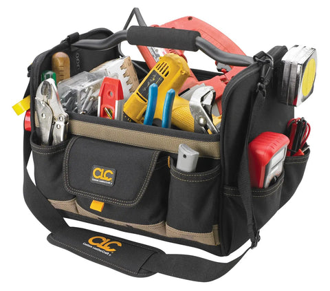 Open Top Soft Sided Tool Box 14 Inch With 31 Pockets Padded Shoulder Strap Foam Grip Handle filled with tools and accessories