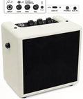 Cream white Mini Electric Guitar Amplifier With OTG Recording For Content Creators displaying control panel and front speaker.