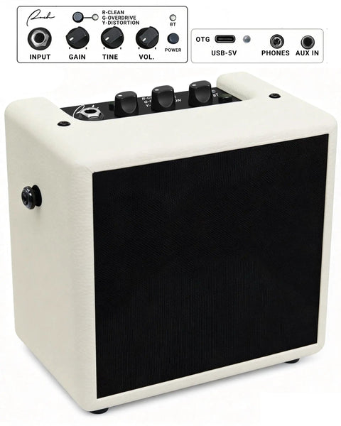 Cream white Mini Electric Guitar Amplifier With OTG Recording For Content Creators displaying control panel and front speaker.