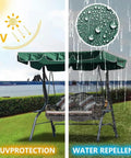 Porch Swing Canopy Replacement Waterproof UV Resistant 300D Heavy Duty Rip Proof Garden Hammock Top Cover For Outdoor Patio Yard Deck Furniture Size 74x45 Inches Color Green, showing UV and water resistance.