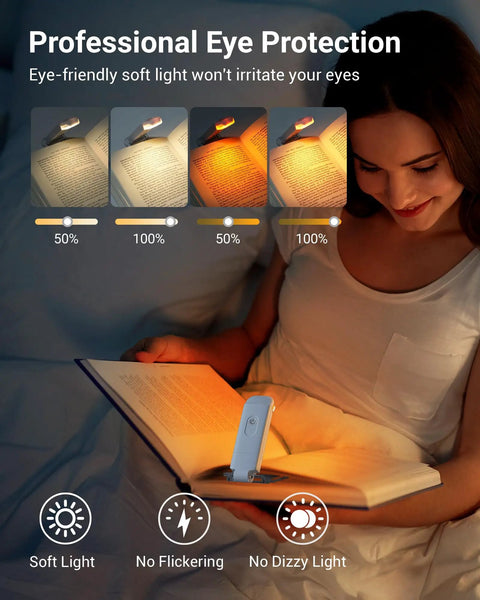 Woman using Clip On Rechargeable Book Light For Late Night Reading With Amber And Warm White Glow in bed, 4 brightness modes visible.