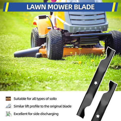 Lawn mower with 2 Pack Replacement 46 Inch Lawn Mower Blade For Husqvarna YTH22V46 YTH22K46 Z246 YT46LS YTH20K46 YTH21K46 YTH2K46 RZ4623 With 5 Star Mounting Pattern next to it.