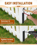 Installation of 10 Pack Fence Post Repair Stakes, 14 Gauge Heavy Duty Steel Fence Post Support Kit With Easy Installation, No Digging Or Concrete Needed, Overlap fit with hammer and drill illustration.