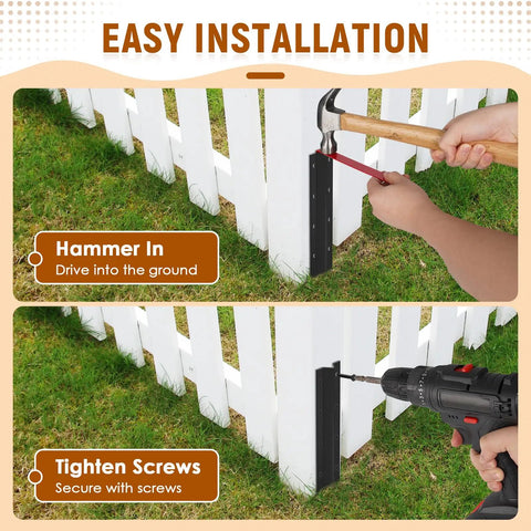 Installation of 10 Pack Fence Post Repair Stakes, 14 Gauge Heavy Duty Steel Fence Post Support Kit With Easy Installation, No Digging Or Concrete Needed, Overlap fit with hammer and drill illustration.