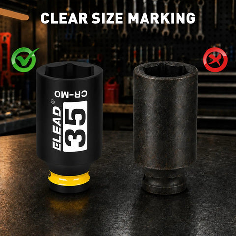 Heavy Duty Thirty Five Millimeter Deep Impact Socket With One Half Inch Drive For Axle Nut Removal Six Point Chrome Moly Steel Black Phosphate Finish Oil Filter Socket Set Built For Auto Repair Workhorse For Tough Jobs, showing clear size marking