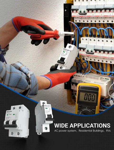 2 Pole 25 Amp AC Circuit Breaker For 120V 240V Systems DIN Rail Mount MCB With Visual Window Grid Tied Solar RV And Home Circuits Easy Plug And Play Reset Flame Retardant Shell High Safety. installed in an electrical panel