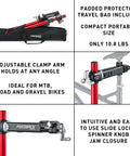 Ultralight Pro Bike Repair Stand Travel Ready Work Stand with secure clamp and tripod base shown folded in travel bag.