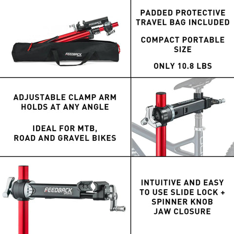 Ultralight Pro Bike Repair Stand Travel Ready Work Stand with secure clamp and tripod base shown folded in travel bag.