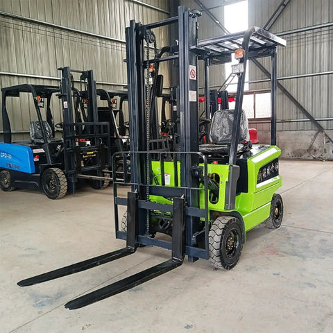 Top Shelf Hydraulic Lift Truck 3 Ton Capacity With Multi Stage Mast And Fork Attachments Warehouse Cargo Handler in green, industrial setting.