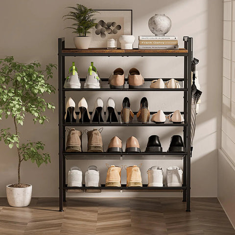 Five Tier Shoe Rack With Hooks, Adjustable Mesh Shelves, Metal Storage Organizer For Entryway And Closet, Fits 25 Pairs