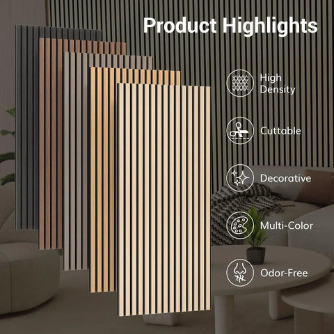 Heavy Duty Rock Solid Wood Veneer Wall Panels with Game Changing Acoustic Treatment and Superior Sound Dampening for Bedroom or Studio Setup 4 Pack 47.2 X 23.6 Inch Acoustic Panels multi-colored panel display in living room setting.