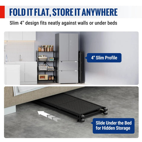 4-Tier Folding Metal Storage Rack With Wheels No-Assembly Heavy Duty Shelving Unit 600 Lb Capacity Collapsible and Mobile Organizer for Kitchen Pantry Bathroom and Closet Easy Setup, 4-inch slim profile under bed