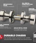 Kwikset Pismo interior round privacy doorknob with lock, gunmetal finish; view shows detachable knob and spindle