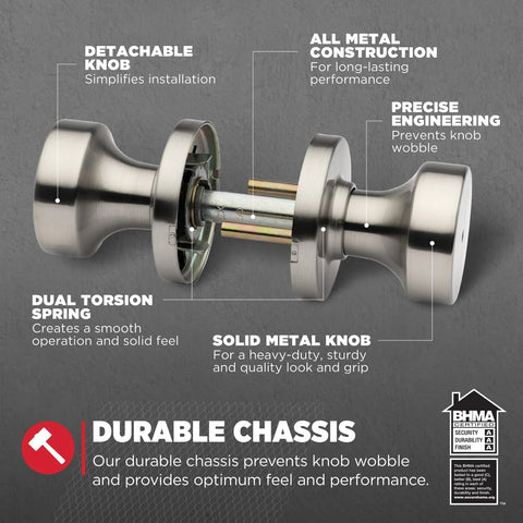 Kwikset Pismo interior round privacy doorknob with lock, gunmetal finish; view shows detachable knob and spindle