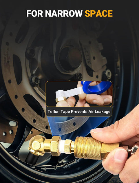 2 Pack Heavy Duty Air Chuck Set With Dual Head And Ball Chuck 1/4 Inch NPT Closed Flow demonstrated with Teflon tape on wheel.