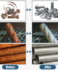 Image showing rusted metal bolts, drill bits, and pipes before; clean and polished after using 48 Piece 2 Inch Flap Disc Set With One Quarter Inch Shank Holder Grits 40 60 80 120 For Die Grinder Surface Grinding Rust Removal Finishing Deburring Stock Prep And Metal Work.
