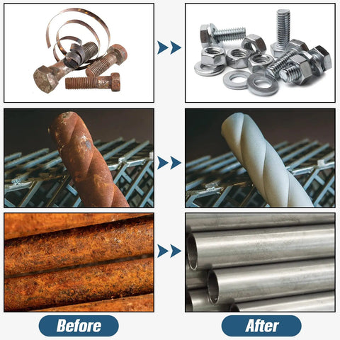 Image showing rusted metal bolts, drill bits, and pipes before; clean and polished after using 48 Piece 2 Inch Flap Disc Set With One Quarter Inch Shank Holder Grits 40 60 80 120 For Die Grinder Surface Grinding Rust Removal Finishing Deburring Stock Prep And Metal Work.