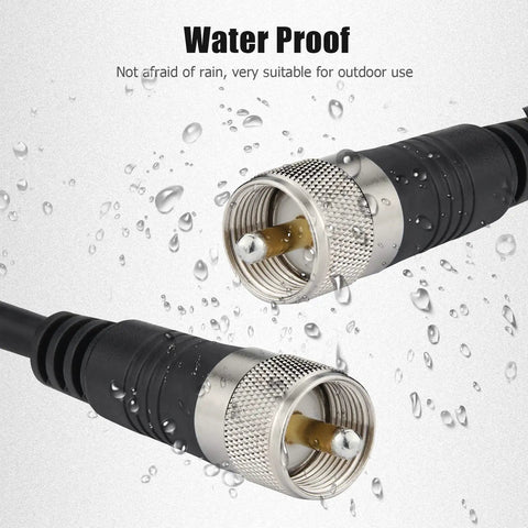 18 Foot RG8X Coax Cable For CB Ham Radio Setup, Waterproof Low Loss UHF PL259 Male To Male Connector with water droplets visible
