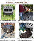 Dual Chamber 43 Gallon Compost Bin With 360 Degree Tumbling Design Large Outdoor Garden Compost Tumbler With Steel Frame And Two Sliding Doors No Fuss Setup From Kitchen To Garden Pail shown in 4-step composting process