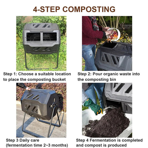 Dual Chamber 43 Gallon Compost Bin With 360 Degree Tumbling Design Large Outdoor Garden Compost Tumbler With Steel Frame And Two Sliding Doors No Fuss Setup From Kitchen To Garden Pail shown in 4-step composting process