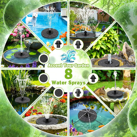 Solar Fountain Pump For Bird Bath And Garden Pond With 7 Nozzles And 3 Adjustable Spray Heights High Medium Low 3.5W Glass Solar Panel