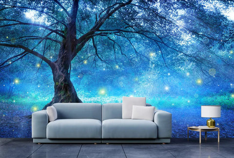 Enchanted Forest Fairy Tree Wall Mural For Kids Rooms And Living Rooms, Mystic Woodland Photo Wallpaper behind a modern sofa