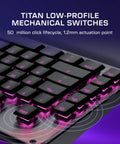 Close-up of Full Size Mechanical PC Gaming Keyboard With Command Touch Display And Titan Switches, featuring low-profile switches in action.