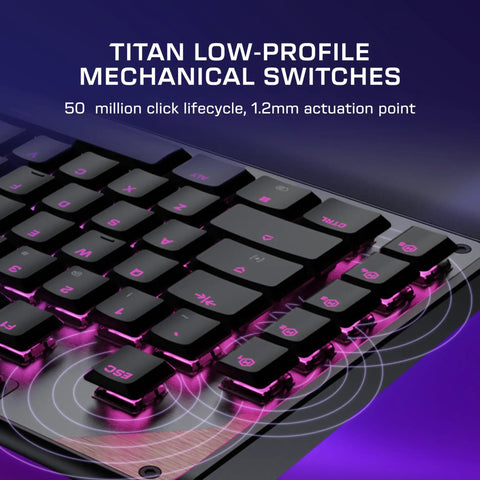 Close-up of Full Size Mechanical PC Gaming Keyboard With Command Touch Display And Titan Switches, featuring low-profile switches in action.