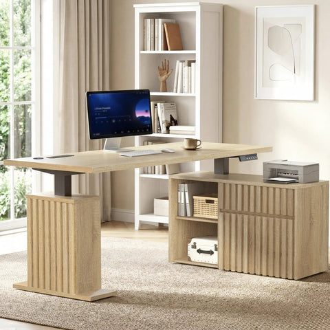 Workhorse L Shaped Standing Desk with drawers and cabinet, electric height adjustable, in a home office setting with monitor.