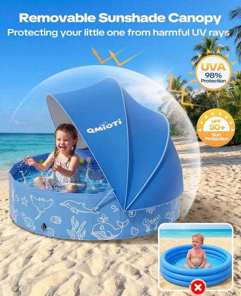 63 Inch Kiddie Pool With Detachable UPF 50 Plus Canopy Foldable And Portable Non Slip Pool for Kids on Beach