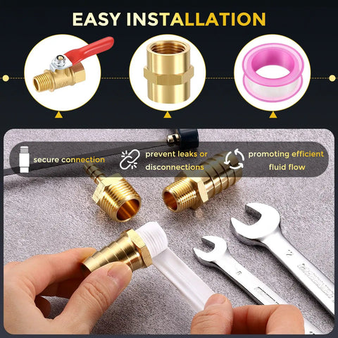 Connecting 12 Pack Brass Pipe Fittings 3/8 In Female NPT To 1/4 In Female NPT with wrench and tools for DIY plumbing setup.