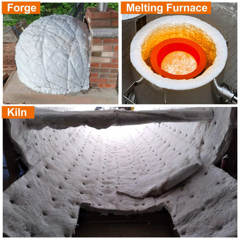 White ceramic fiber insulation blanket, 24x8x1 in, fireproof up to 2700°F, shown on a forge, furnace, and kiln.
