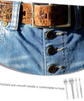 Close-up of leather belt and denim jeans next to 8-Piece Leather Craft Tool Kit With Sharp Rhombus-Tooth Punches