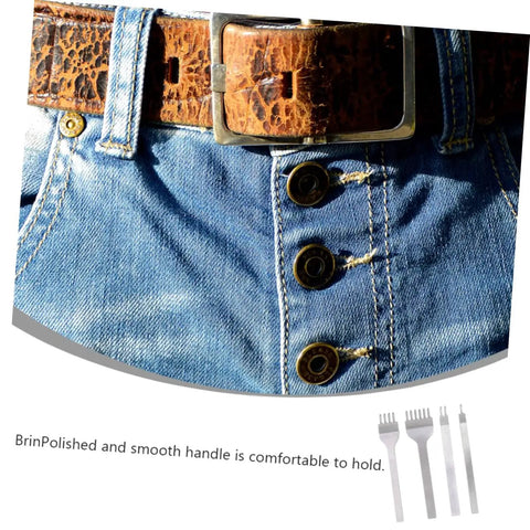 Close-up of leather belt and denim jeans next to 8-Piece Leather Craft Tool Kit With Sharp Rhombus-Tooth Punches