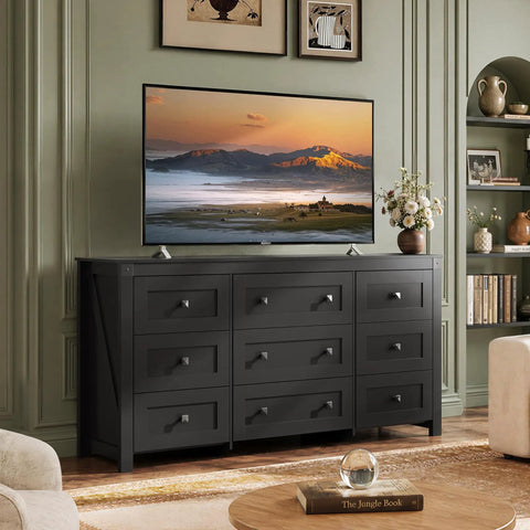 Top Shelf 9 Drawer Farmhouse TV Stand With Badass Storage Space And Rustic Barn Accents Built For Chill Living Rooms Holds Big Screens Up To 70 Inches In Sleek Black showcasing deep storage and large TV in modern living room.